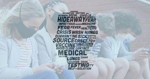 Students with Masks Holding Smartphones Amid Pandemic Keywords