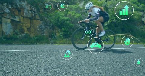 Cyclist promoting eco-friendly adventure with data metrics visualization