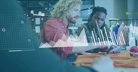 Fashion designers reviewing garment with data visualization overlay