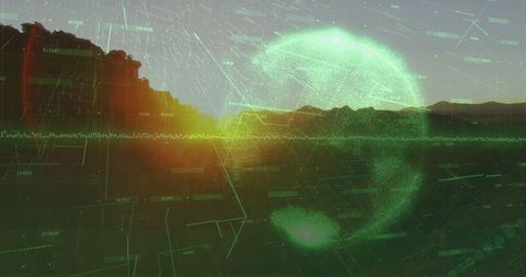 Futuristic holographic sphere over canyon at dusk