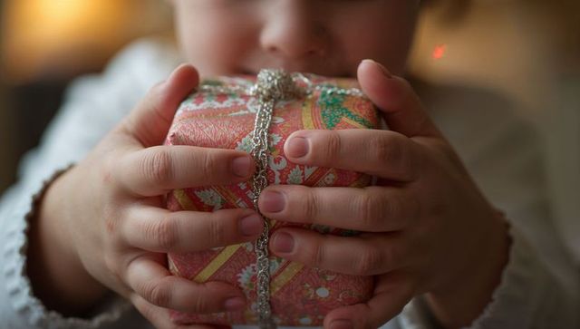 Child holding pink-gold wrapped gift with silver ribbon, closeup hands and warm bokeh