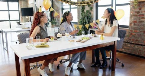 Diverse Colleagues Celebrating Birthday in Office, Sharing Food and Drinks