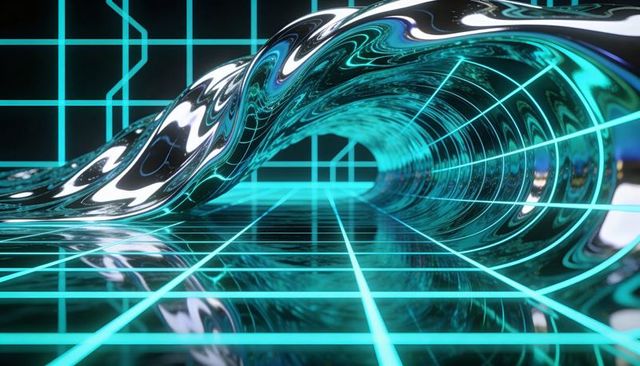 Curling liquid chrome tunnel over neon cyan grid reflecting glossy futuristic cyber wave