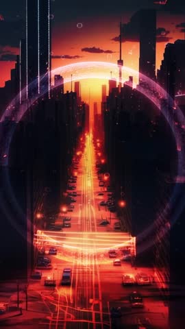 Sunset spawning neon ring pulsing over futuristic city avenue, vertical cyberpunk motion