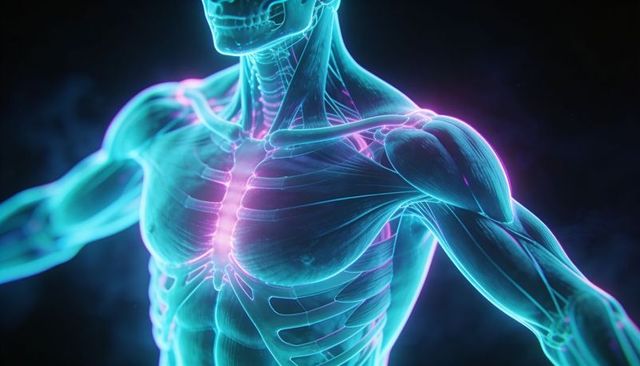 Neon holographic 3d human torso revealing ribs sternum clavicles and muscle anatomy