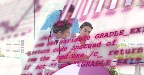 Clinical team collaborating on laptop with code overlay for healthcare data analysis and it