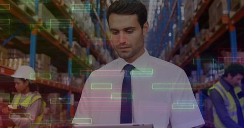 Warehouse Supervisor Using Tablet with AR Inventory Overlays for Logistics Efficiency