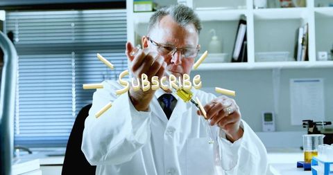 Senior Scientist Using Pipette with Subscribe Text Overlay