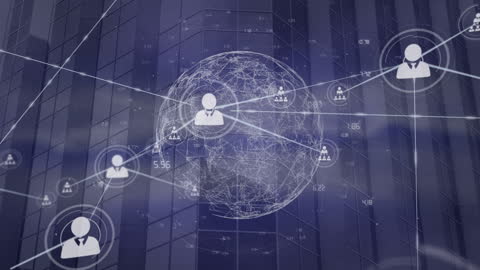 Global Network of Profile Icons and Connections with Building Background