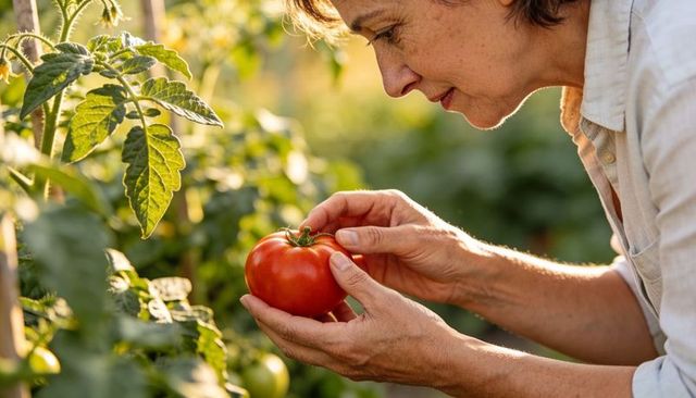 Closeup mature woman harvesting ripe tomato in backyard garden during golden hour