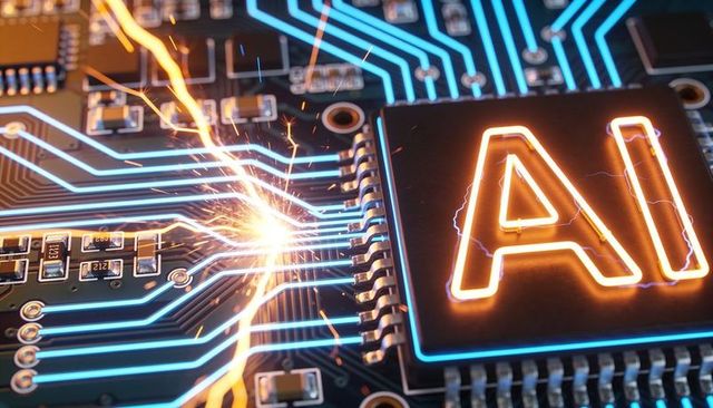 Neon ai chip sparking on circuit board with glowing traces and electrical arc