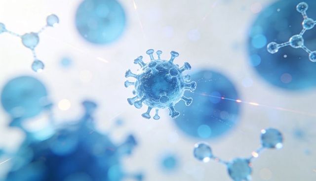 Rotating blue coronavirus-like virion with spike proteins in microscopic 3D nanoworld