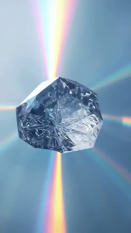 Rotating Faceted Crystal Casting Prism Rainbows Across Soft Blue Vertical Video Loop