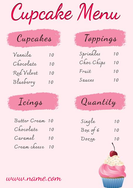 Illustration of a cupcake menu displaying various flavors, icings, toppings, and quantities available. Cupcake options include vanilla, chocolate, red velvet, and blueberry. Icing choices feature buttercream, chocolate, caramel, and cream cheese. Toppings consist of sprinkles, chocolate chips, fruit, and sauces. Ideal for bakery promotions, cafe menus, and dessert shop marketing materials.