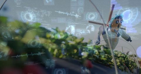 Scarecrow in lab coat guarding strawberry rows with augmented hud overlay, agritech concept