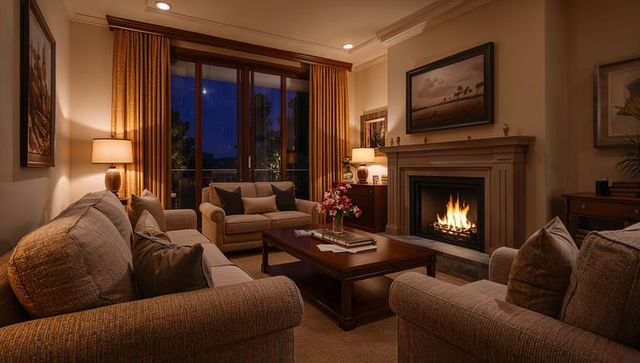 Cozy living room with fireplace at night, warm ambient lighting, plush sofas and wooden coffee table
