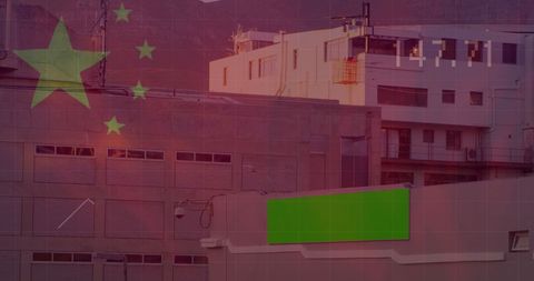 Chinese Flag Overlay on Urban Buildings with Digital Interface
