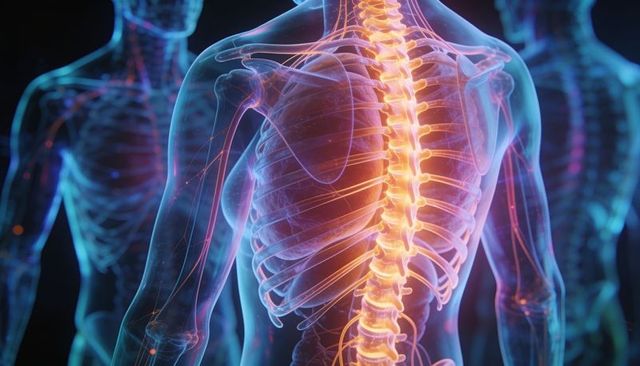Translucent torso highlighting glowing spinal column, vertebrae, ribcage, neural pathways
