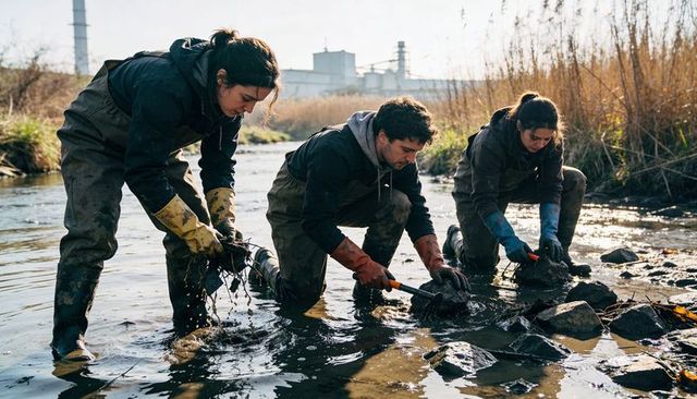 Environmental team collecting stream sediment samples in waders for water quality research