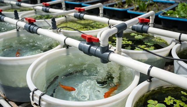 Bubbling aquaponics tubs hosting orange goldfish with pvc piping and red control valves