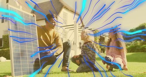 Father demonstrating solar panel to children in sunny suburban backyard with energy overlay