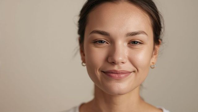 Warm closeup portrait of smiling young woman with natural skin and small hoop earrings