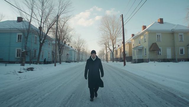 Solitary man walking down snowy suburban street past pastel houses in winter coat