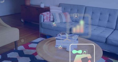 Modern living room with round wood coffee table and augmented reality interface overlay