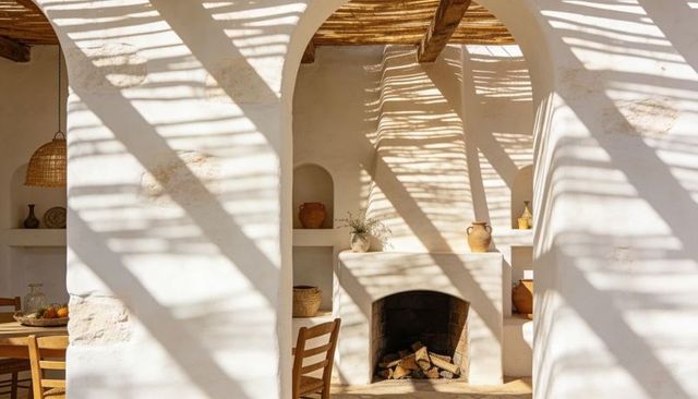 Sunlit mediterranean arches and fireplace with pergola shadows, rustic terrace interior