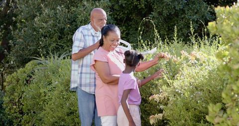 Family gardening with granddaughter in backyard