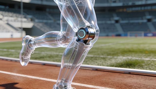 Striding transparent robotic legs revealing glowing knee actuator on red running track