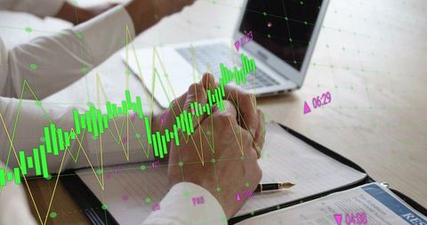 Business analyst clasping hands over notebook with laptop and stock market data overlay