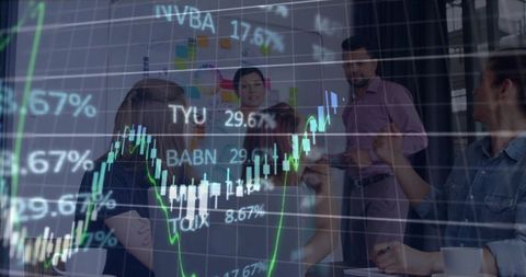 Team Analyzing Financial Data with Candlestick Chart Overlay for Strategy and Collaboration
