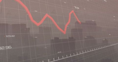 Red Jagged Market Volatility Chart Overlaying Skyline Showing Financial Trend and Risk