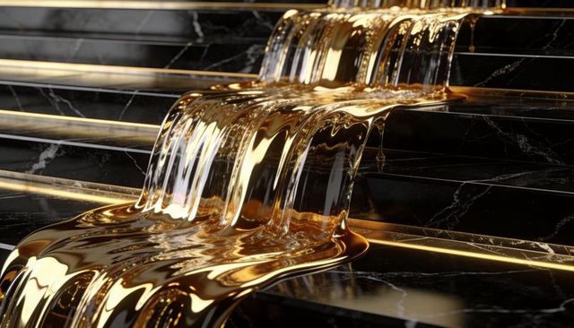 Molten gold cascading over black marble steps luxury reflective cascade
