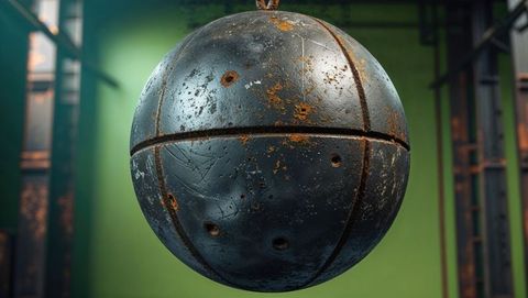 Rusted wrecking ball suspended in industrial warehouse
