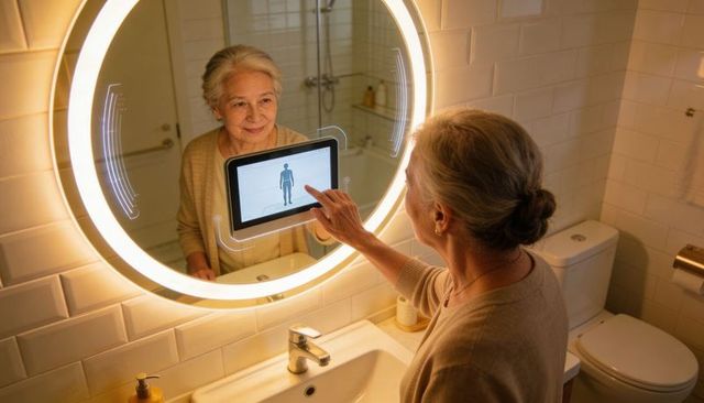 Senior asian woman using smart mirror touchscreen for health check in warm modern bathroom