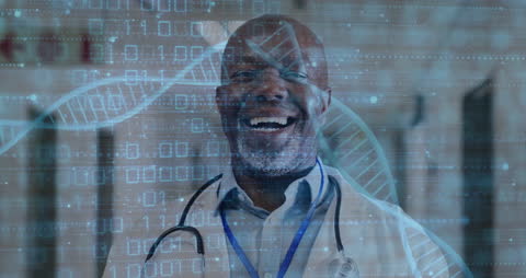 Smiling Doctor with Digital DNA Data Overlay in Hospital