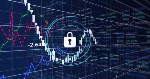 Locking market data trading dashboard with candlestick charts cybersecurity overlay