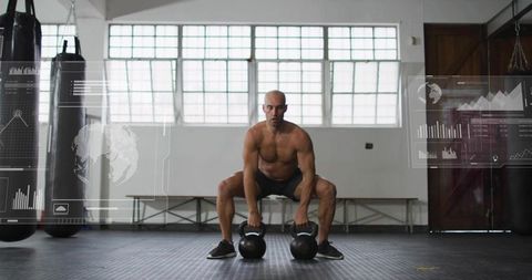 Male athlete performing kettlebell sumo squat in industrial gym with hud fitness overlays