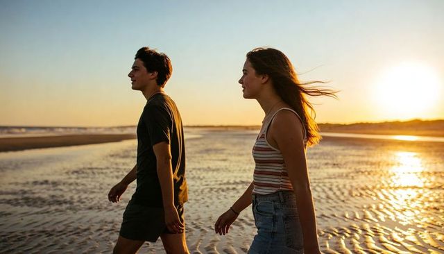Young couple walking at sunset on low-tide beach with rippled sand and golden sunlight