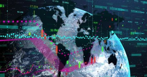 Futuristic financial data interface on earth globe in space