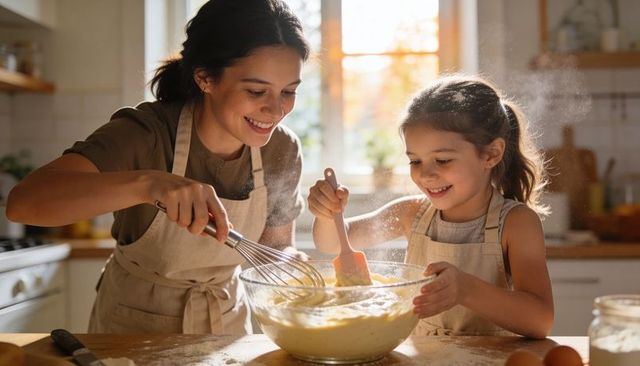 Mother and daughter baking together, stirring batter in sunlit home kitchen