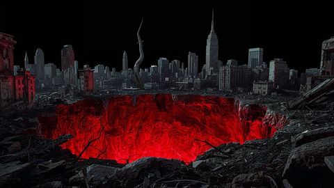 Apocalyptic Crater Illuminates Ruined Cityscape Under Red Glow