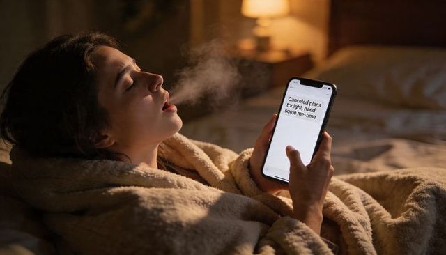 Relaxing in plush robe exhaling vapor while holding smartphone with me-time message
