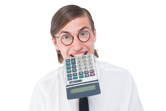 Transparent Geeky Businessman Playfully Biting Calculator - Download Free Stock Videos Pikwizard.com