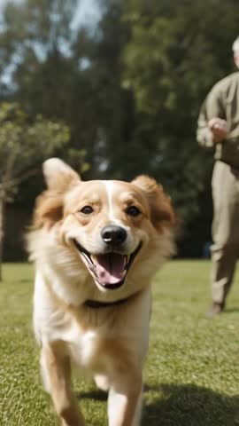 Happy brown dog running toward camera on sunny lawn while owner calling