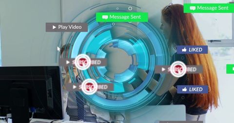 Business team interacting with futuristic holographic ui showing social media alerts