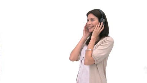 Smiling Woman Enjoying Music with Headphones
