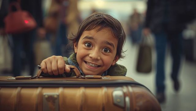 Excited child in airport terminal holding suitcase ready for travel journey
